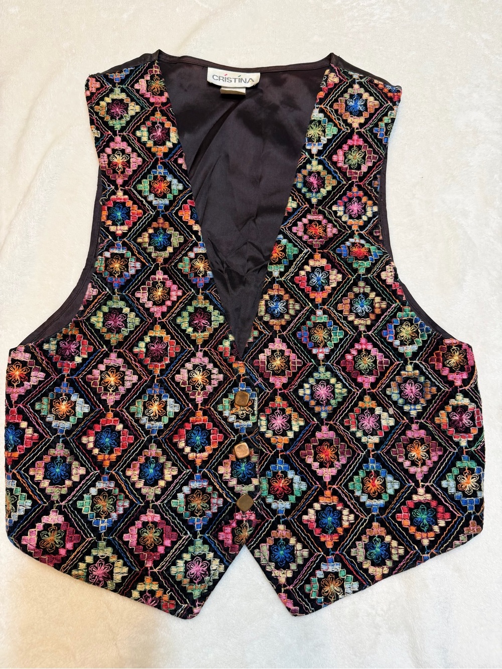 Vintage Christina Embroidered Boho Vest Size Medium Unique Colorful 1980s